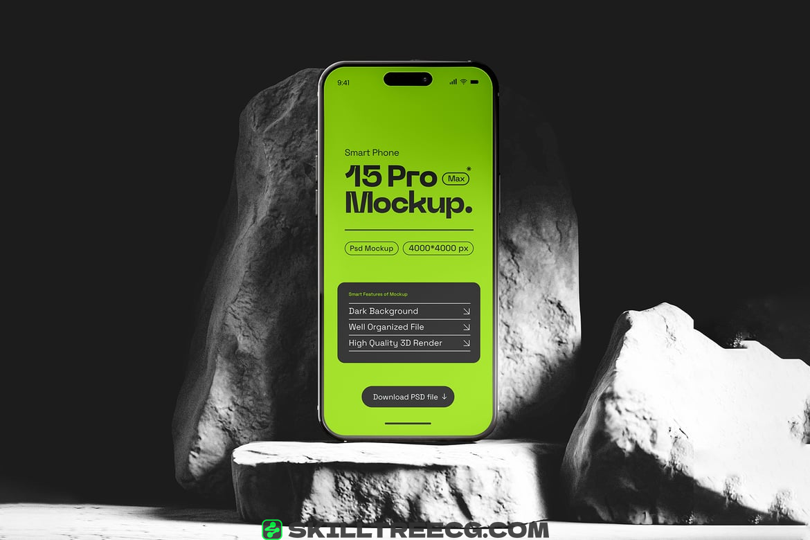 iPhone 15 Pro Max Screen Mockup On Stone（929204）-技能树